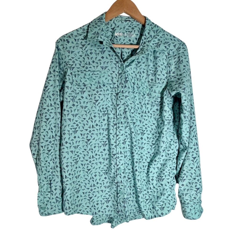 REI Co-Op Women's Wanaka Long Sleeve Woven Shirt Geometric Aqua Blue Medium
